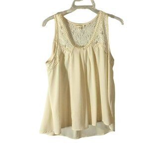Monteau Women's Sheer Lace Insert Pleated Sleeveless Blouse Size Large Ivory